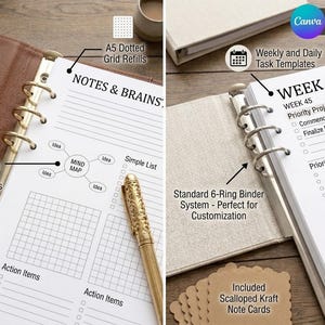 May include: A six-ring binder planner featuring A5 dotted grid refills, mind map brainstorming pages, and weekly task templates. The planner includes a gold-toned pen, scalloped kraft note cards, and a standard six-ring metal binder mechanism.