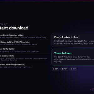 K&ouml;nnte beinhalten: Eine digitale Produktinformationsgrafik mit dem Titel Instant download. Sie listet Funktionen auf, darunter ein benutzerdefiniertes StreamElements-Widget, einen eigenst&auml;ndigen Build f&uuml;r OBS und Streamlabs, einen visuellen Konfigurator und eine Anleitung.