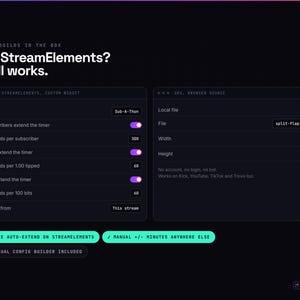 K&ouml;nnte beinhalten: Eine digitale Benutzeroberfl&auml;che mit zwei Konfigurationsfeldern f&uuml;r einen Stream-Timer. Der Text lautet Both Builds In The Box, No StreamElements? Still works, Sub-A-Thon und OBS Browser Source. Sie enth&auml;lt Kippschalter und Eingabefelder.