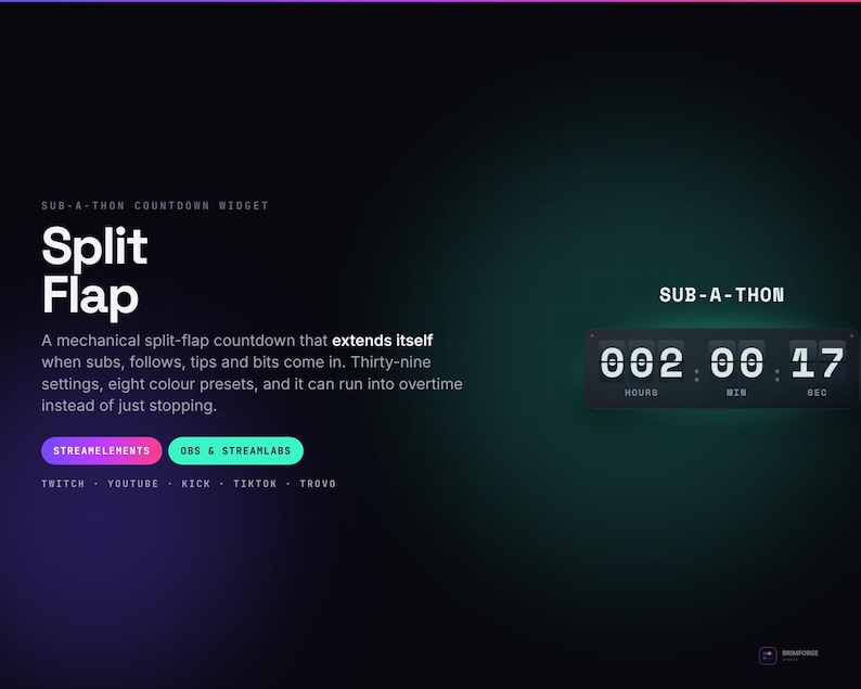 Pu&ograve; includere: Un'interfaccia digitale per un widget di conto alla rovescia sub-a-thon Split Flap. Il display mostra il testo "SUB-A-THON" sopra un timer in stile meccanico che indica "002 : 00 : 17". I pulsanti "STREAMELEMENTS" e "OBS & STREAMLABS" sono visibili.