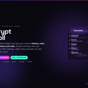 Widget de seguidores recientes de Crypt Roll para Twitch, Supporter Ledger, Follow Sub Tip Cheer Raid, StreamElements y OBS, descarga instantánea.