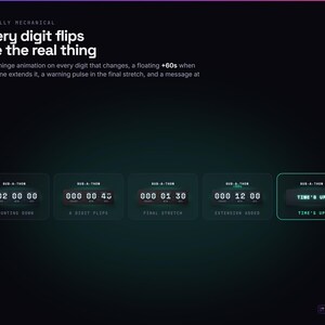 Pu&ograve; includere: Un'interfaccia di conto alla rovescia digitale intitolata SUB-A-THON, con cifre in stile meccanico. Il display mostra vari stati, tra cui il conteggio, il cambio di cifre, la fase finale, l'aggiunta di tempo e il messaggio TIME'S UP.