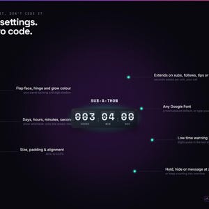 Pu&ograve; includere: Un'interfaccia di conto alla rovescia digitale su sfondo viola scuro con il testo 'TUNE IT, DON'T CODE IT', '39 settings. Zero code.' e 'SUB-A-THON'. Il timer mostra '003 : 04 : 00' con etichette per ore, minuti e secondi.