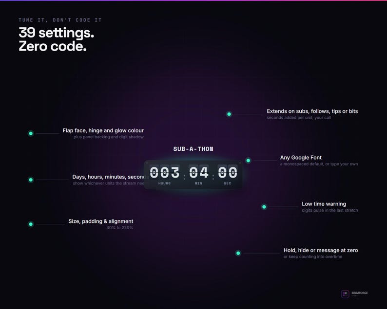 Pu&ograve; includere: Un'interfaccia di conto alla rovescia digitale su sfondo viola scuro con il testo 'TUNE IT, DON'T CODE IT', '39 settings. Zero code.' e 'SUB-A-THON'. Il timer mostra '003 : 04 : 00' con etichette per ore, minuti e secondi.