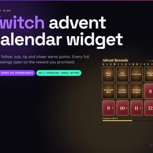 May include: A digital Twitch advent calendar widget with a dark purple gradient background. The text reads Advent Glow, Twitch advent calendar widget, and includes buttons for Twitch Events via StreamElements and OBS & Streamlabs: Manual Buttons. A grid displays Advent Rewards with numbered doors and text labels.