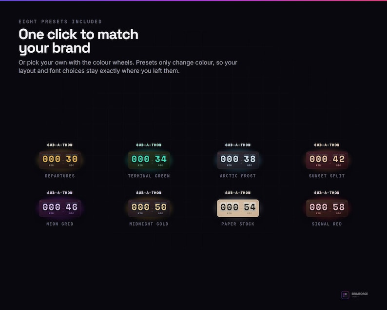 K&ouml;nnte beinhalten: Eine digitale Anzeige mit acht verschiedenen Timer-Voreinstellungen, beschriftet als Sub-A-Thon. Der Text lautet: Eight presets included, One click to match your brand, Or pick your own with the colour wheels. Die Voreinstellungen umfassen Departures, Terminal Green, Arctic Frost, Sunset Split, Neon Grid, Midnight Gold, Paper Stock und Signal Red.