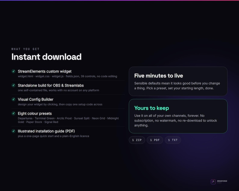 Pu&ograve; includere: Un elenco di prodotti digitali intitolato Instant download che include un widget personalizzato StreamElements, una build per OBS e Streamlabs, un Visual Config Builder, otto preimpostazioni di colore e una guida all'installazione illustrata. File ZIP, PDF e TXT.