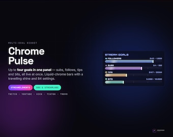 Widget Chrome Pulse Multi Goal per Twitch, quattro barre animate per suggerimenti e bit per follower e abbonati, overlay Chrome Y2K per StreamElements e OBS