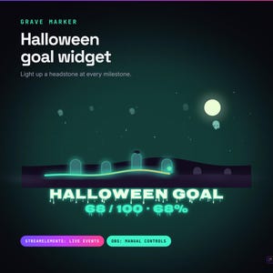 Könnte beinhalten: Ein digitales Halloween-Ziel-Widget mit einer dunklen Friedhofsszene, leuchtenden Grabsteinen, einem Vollmond und dem Text "GRAVE MARKER", "Halloween goal widget", "HALLOWEEN GOAL", "68 / 100 - 68%", "STREAMELEMENTS: LIVE EVENTS" und "OBS: MANUAL CONTROLS".