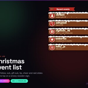 Sleigh Log Christmas Event List Widget for Twitch, Animated Follow Sub Gift Tip Cheer Raid List, StreamElements, OBS, Instant Download