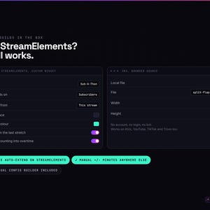 Pu&ograve; includere: Un'interfaccia grafica scura che mostra due pannelli di configurazione per un widget digitale. Il testo recita: No StreamElements? Still works. Include impostazioni per un Sub-A-Thon, percorsi di file, dimensioni e interruttori per le funzioni.