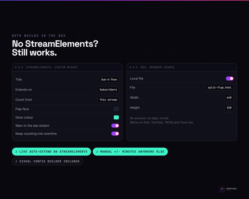 Pu&ograve; includere: Un'interfaccia grafica scura che mostra due pannelli di configurazione per un widget digitale. Il testo recita: No StreamElements? Still works. Include impostazioni per un Sub-A-Thon, percorsi di file, dimensioni e interruttori per le funzioni.