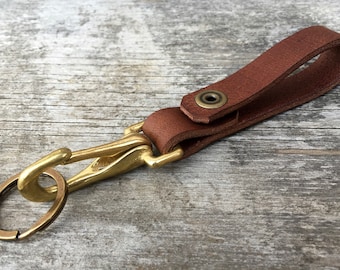 Leather keychain Key fob Key hook Tan leather Made in America Solid brass Monogrammed keychain Custom key chain Key-chain Boho gifts