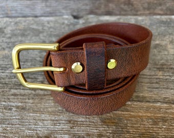 Distressed Crazy Horse brown leather belt with solid brass buckle. Polished, antiqued or nickel.