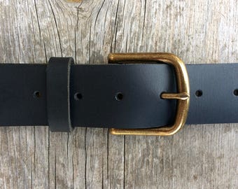 Black leather work belt Genuine leather Full grain leather belt Solid brass buckle Antiqued brass Men's leather belt Real leather belt black