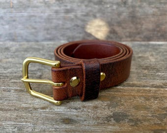 Distressed Crazy Horse brown leather belt with solid brass buckle. Polished, antiqued or nickel.