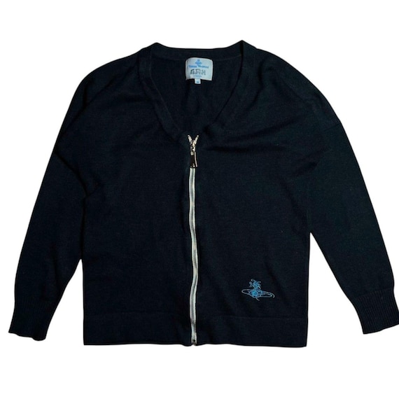 Vivienne Westwood, 2000s Vivienne Westwood Zip Knit Cardigan MAN Archival Orb Logo Full Sweater Black Wool Cropped Slim Fit Designer Size III Vintage