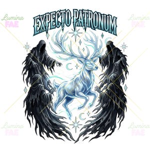 May include: A graphic illustration featuring a glowing, translucent blue stag surrounded by four dark, hooded figures in tattered robes. Above the stag, the text EXPECTO PATRONUM is written in a stylized, icy blue font, accented by stars and crescent moons.