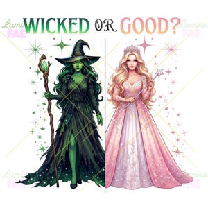 Może przedstawiać: Podzielona ilustracja z napisem WICKED OR GOOD? nad dwiema postaciami. Po lewej stronie postać o zielonej skórze w czarnym spiczastym kapeluszu i ciemnej sukni trzyma drewnianą laskę. Po prawej stronie blond postać w różowej sukni i koronie trzyma różdżkę z gwiazdą.