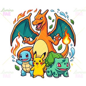 May include: A colorful illustration featuring the orange dragon-like creature Charizard standing behind three smaller creatures: a light blue turtle-like creature, a yellow mouse-like creature, and a green bulb-backed creature, surrounded by fire, water, and leaf elements.