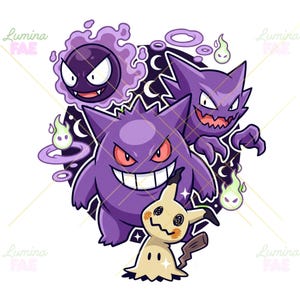 Puede incluir: Una ilustración gráfica que presenta tres criaturas fantasmales de color púrpura y una criatura beige con ojos garabateados en negro. El diseño incluye pequeñas llamas verdes flotantes, lunas crecientes y el texto Lumina FAE en las esquinas.
