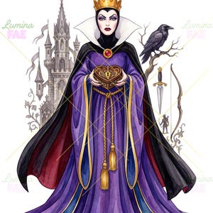May include: A digital illustration of a queen wearing a gold crown, a high-collared black cape, and a long purple gown with gold trim. The queen holds a heart-shaped box with a keyhole. Behind are a castle, a black raven, a dagger, and a bow.