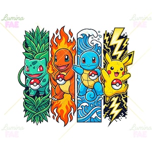 Könnte beinhalten: Eine grafische Illustration mit vier vertikalen Feldern und Zeichentrickfiguren: Bisasam umgeben von grünen Blättern, Glumanda inmitten orangefarbener Flammen, Schiggy mit blauen Wasserwellen und Pikachu mit gelben Blitzen, die jeweils einen Pokéball halten.