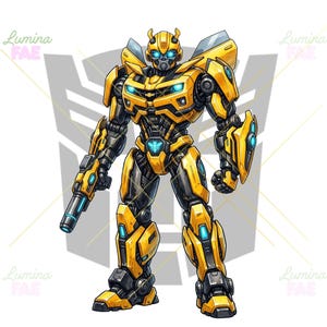 以下が含まれることがあります： 目、胸、武器に青く光るアクセントがある黄色と黒のロボットフィギュア。機械的な装甲板、右手のブラスター、ベルトのハチのエンブレムが特徴です。隅にはLumina FAEというテキストが表示されています。