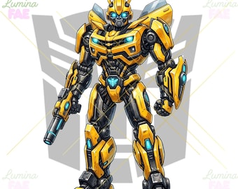 May include: A yellow and black robotic figure with glowing blue accents on the eyes, chest, and weapon. The robot features mechanical armor plating, a blaster in the right hand, and a bee emblem on the belt. The text Lumina FAE appears in the corners.