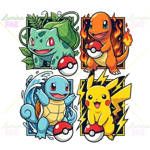 May include: A digital illustration featuring four cartoon characters: a green Bulbasaur with a plant bulb, an orange Charmander surrounded by flames, a blue Squirtle with water splashes, and a yellow Pikachu with lightning bolts, each holding a Poké Ball.