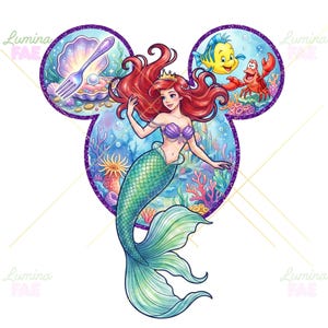 May include: A graphic illustration featuring a mermaid with long red hair and a green tail, centered within a purple glitter-edged Mickey Mouse silhouette. The design includes a fork, a pearl, a yellow fish, and a red crab in the upper circles.