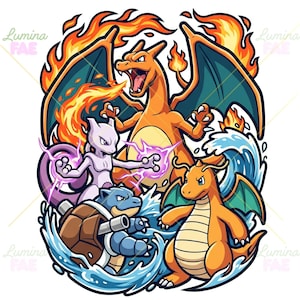 May include: A colorful graphic illustration featuring four animated creatures: a large orange dragon breathing fire, a purple bipedal creature generating purple energy, a blue turtle with cannons, and an orange dragon-like creature amidst water waves.
