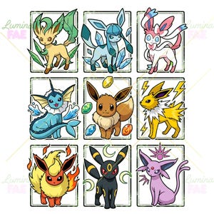 May include: A grid of nine rectangular panels featuring stylised illustrations of various Eevee evolutions. Each panel contains a distinct creature with unique elemental characteristics, including fire, water, electric, ice, grass, psychic, and dark types.