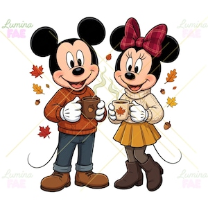 May include: Mickey and Minnie Mouse cartoon characters dressed in autumn clothing, including a cable-knit sweater and a skirt, holding steaming mugs. The scene features falling maple leaves and acorns, with the text Lumina FAE visible.