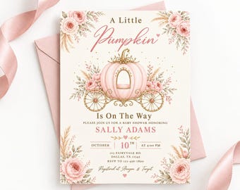 Little Pumpkin Baby Shower Invitation for Baby Girl Pink Pumpkin Carriage Fairytale Baby Shower Fall Baby Shower Invitation Editable Canva