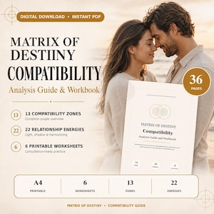 Könnte beinhalten: Ein digitales PDF-Arbeitsbuch mit dem Titel Matrix of Destiny Compatibility Analysis Guide and Workbook. Das Dokument enthält 36 Seiten, 13 Kompatibilitätszonen, 22 Beziehungsenergien und 6 druckbare Arbeitsblätter im A4-Format für Paaranalysen.