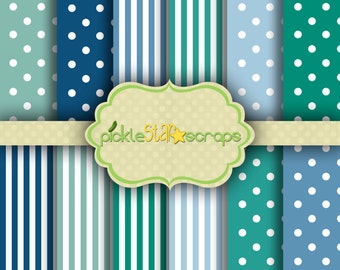 Stripes&Spots Blue and Green - 12 Digital Scrapbook Papers - 12x12inch - Printable Backgrounds - INSTANT DOWNLOAD