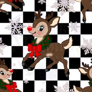 May include: A repeating pattern featuring a brown reindeer with a bright red nose, wearing a green wreath with a large red bow, set against a black and white checkered background interspersed with detailed, sparkling silver snowflakes.
