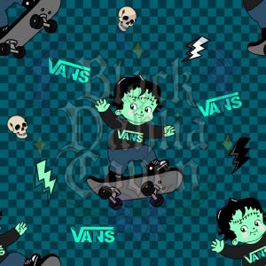 Peut inclure: Un motif répétitif représentant un personnage de dessin animé ressemblant à Frankenstein avec une peau verte sur un skateboard, parsemé de crânes, d'éclairs et du logo Vans sur un fond à carreaux bleu sarcelle foncé et noir.