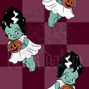 May include: A repeating pattern featuring cartoon figures with light green skin, black hair with a white streak, and stitches on their faces and arms. Each figure wears a white dress and holds an orange jack-o'-lantern pumpkin against a dark purple checkered background.