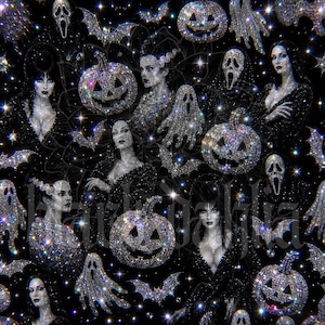 May include: A black fabric pattern featuring a repeating glittery design of iconic horror figures, ghosts, bats, and jack-o'-lanterns. The surface is covered in a sparkling, diamond-like texture that reflects light, creating a shimmering effect.