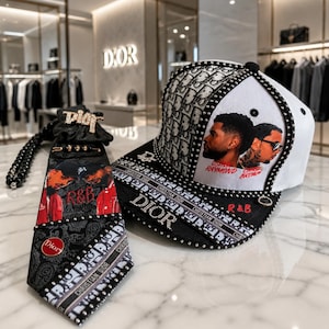 R&B-Legenden-Cap- und Krawatten-Set | Schwarz-weiße Strass-Cap | Statement-Accessoires für Musikliebhaber | Luxuriöses Streetwear-Geschenk