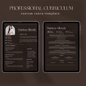 May include: A digital resume template displayed on two tablets against a dark brown background. The text reads PROFESSIONAL CURRICULUM custom canva template, Marissa Allende, ABOUT ME, LABORAL EXPERIENCE, DIGITAL MARKETING AREA, and EDUCATION.
