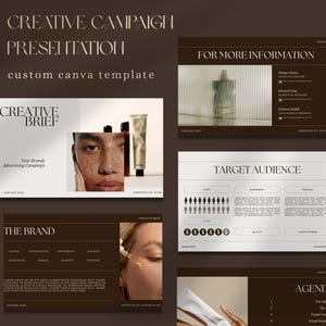 Peut inclure: Un modèle de présentation numérique avec des arrière-plans brun foncé et une typographie serif blanche. Les diapositives incluent des sections intitulées Creative Brief, The Brand, For More Information, Target Audience et Agenda, illustrant des produits de soin.