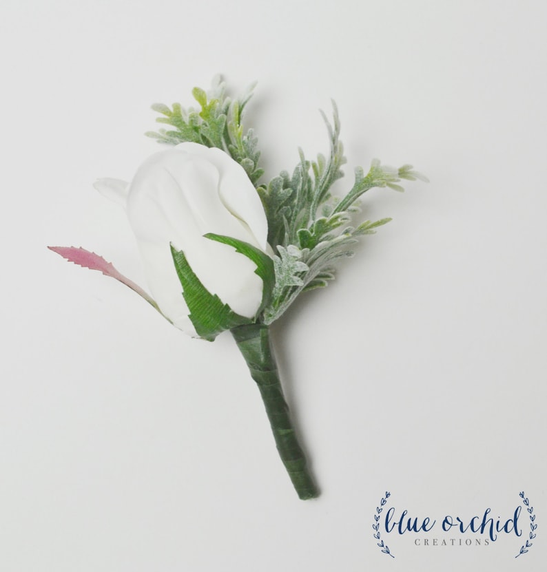 Silk Boutonniere White Rose Bud Boutonniere Dusty Miller Etsy