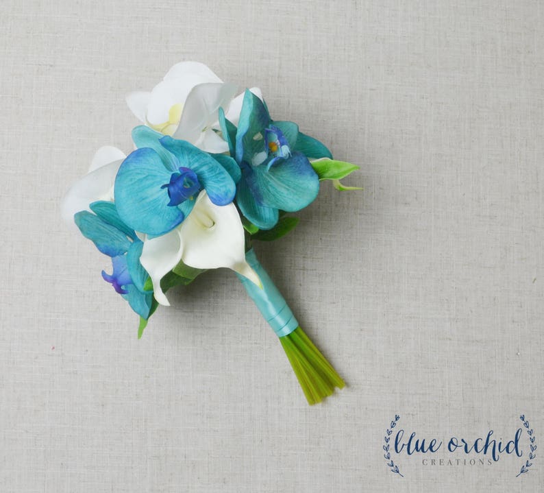 Real Touch Bouquet Turquoise Bridesmaid Bouquet Beach Bouquet Tropical Bouquet Malibu Blue Destination Wedding Orchid Bouquet Teal