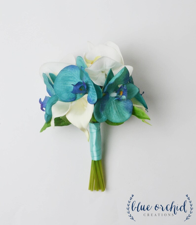 Real Touch Bouquet Turquoise Bridesmaid Bouquet Beach Bouquet Tropical Bouquet Malibu Blue Destination Wedding Orchid Bouquet Teal
