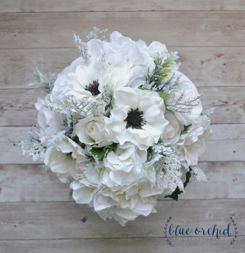 White Wedding Bouquet with anemones and dusty miller silk wedding bouquet gray bridal bouquet winter bouquet