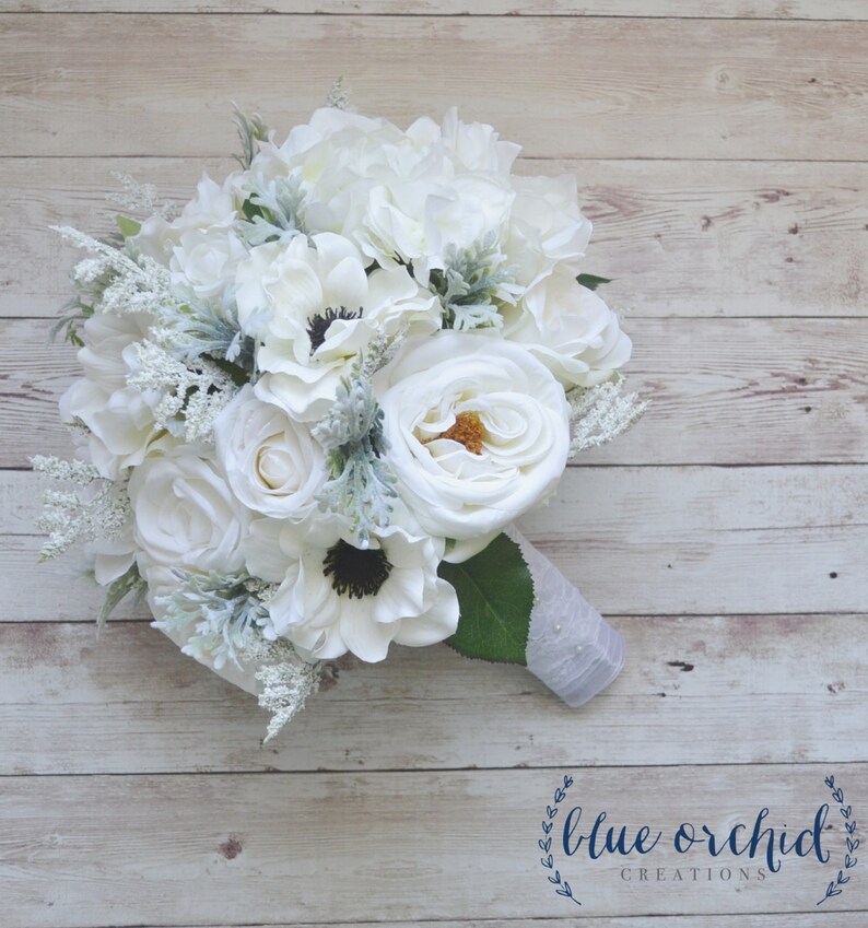 White Wedding Bouquet with anemones and dusty miller silk wedding bouquet gray bridal bouquet winter bouquet