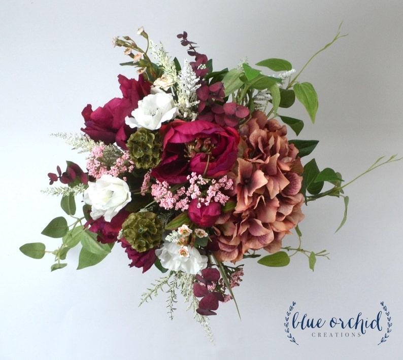 hand tied bouquet silk flower bouquet boho bouquet garden bouquet green red wedding bouquet bridal bouquet wedding flowers burgundy
